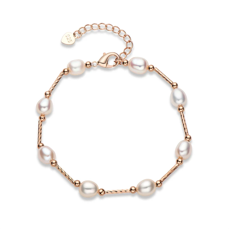 

14K Gold Filled Rose Gold 6-7mm Not Round Natural White Freshwater Pearl Yellow Gold Link Chain Bracelet
