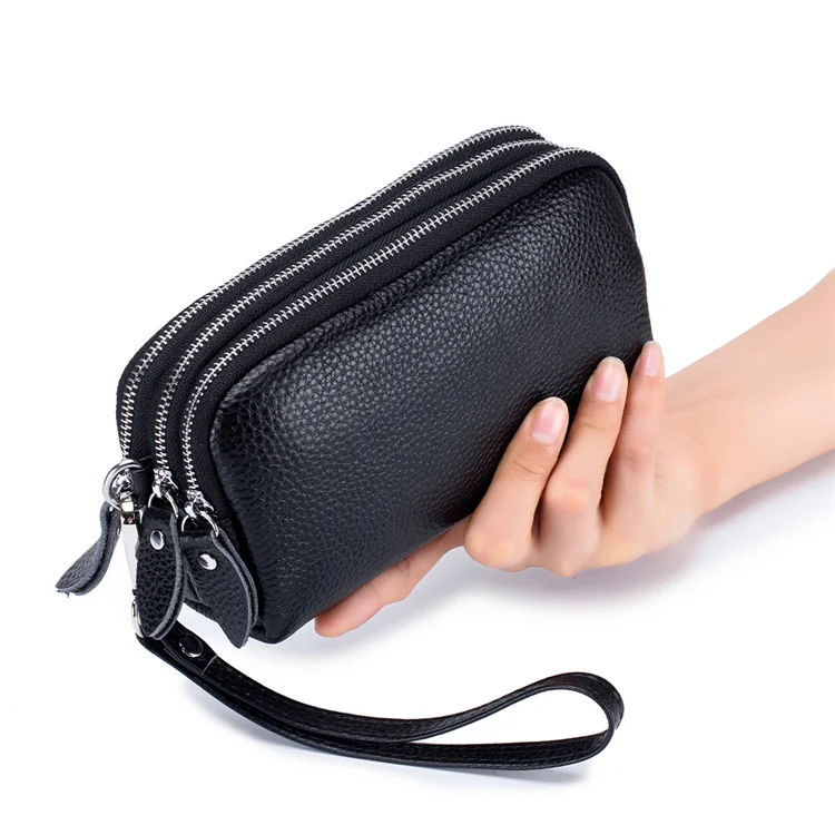 

Women long wallet genuine leather 3-layer zipper purse bag large capacity phone bag money purses wristlet clutch wallets, Wine red, black, dark blue, gray, light purple,green