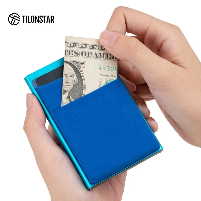 

Aluminum Blue Pop Up Porta Carte Credito Rfid Metal Card Holder Mens Wallet