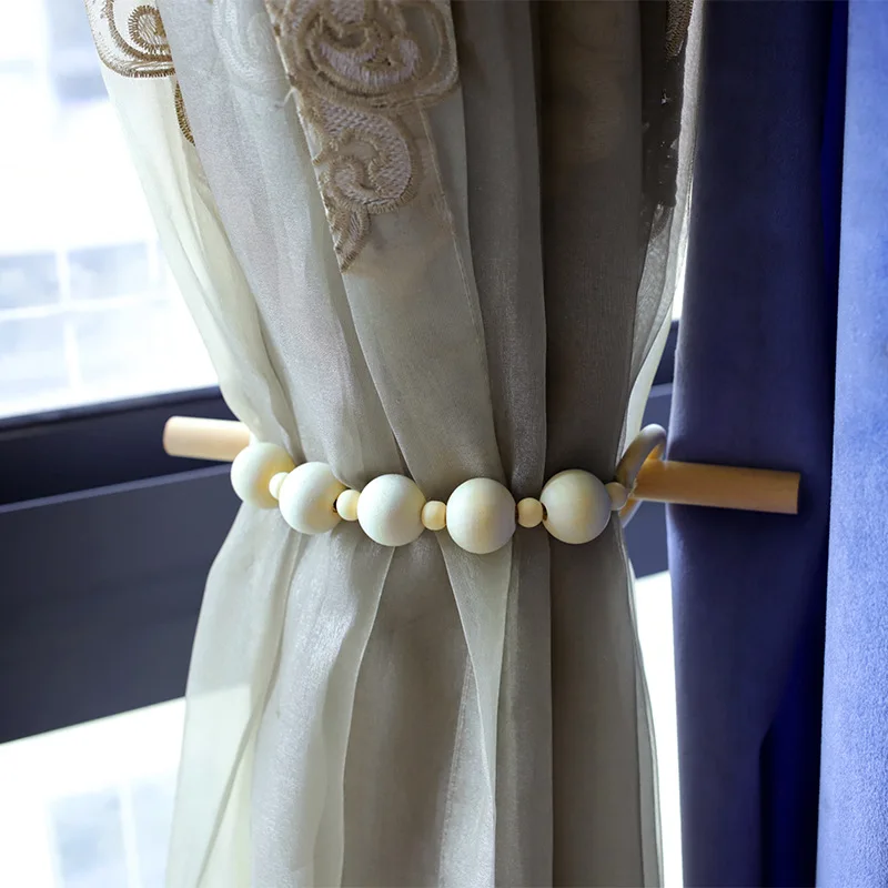 

Curtain buckle Nordic style wooden bead window rope home decoration curtain buckle with fixing clip curtain accessories, 4 styles