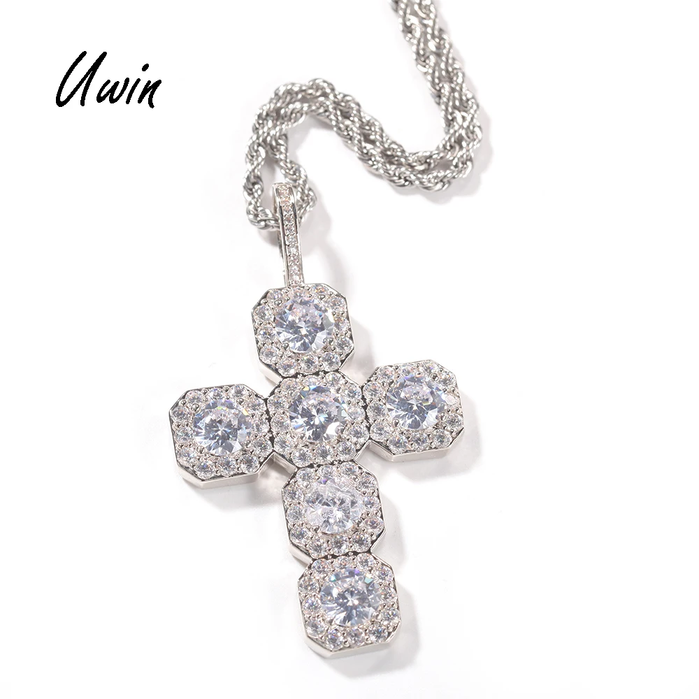 

New Arrival Hip Hop White Gold Plated Bling CZ Cross Pendant Tennis Chain Necklace Unisex Rapper Jewelries