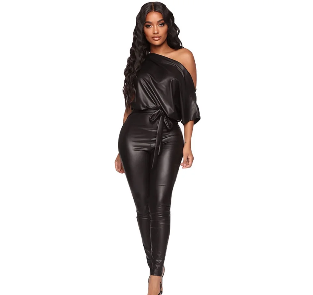 

Peeqi 2021 new arrival sexy PU leather jumpsuit bodysuit for women fashion club wear bodycon jumpsuit ladies one piece rompers