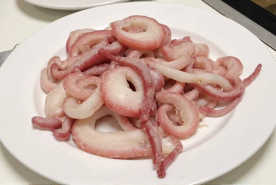 Fresh cleaned squid rings and tentacles coated in cornstarch on a white plate, ready for cooking with salt and pepper seasoning