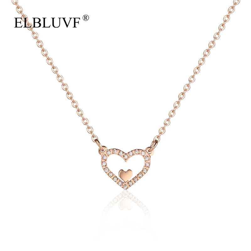 

ELBLUVF Free Shipping Stainless Steel Gold Rose Gold Plated Double Heart Zircon Shape Pendant Necklace For Women