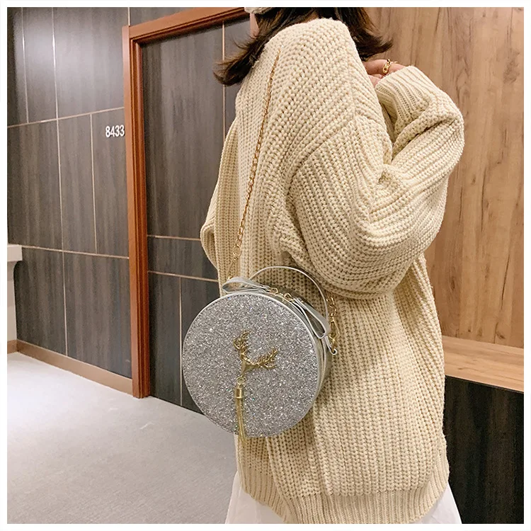 

stylish purses and handbags strap cross body round women hand bags with tassle, Black, white, silver, pink