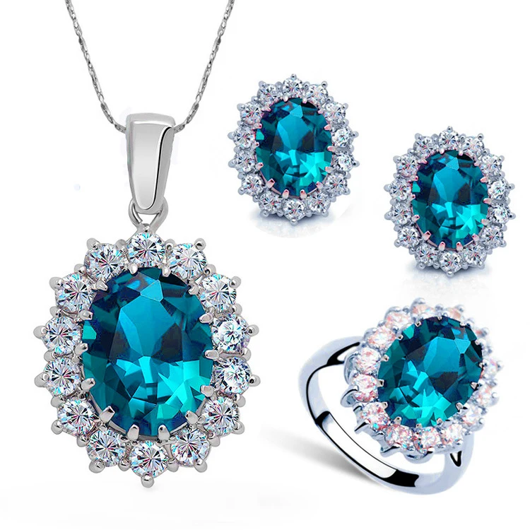 

2021 New Arrival Women Multi Colors Silver Plated Crystal Blue Cubic Zircon Pendant Necklace Jewelry Sets, As picture