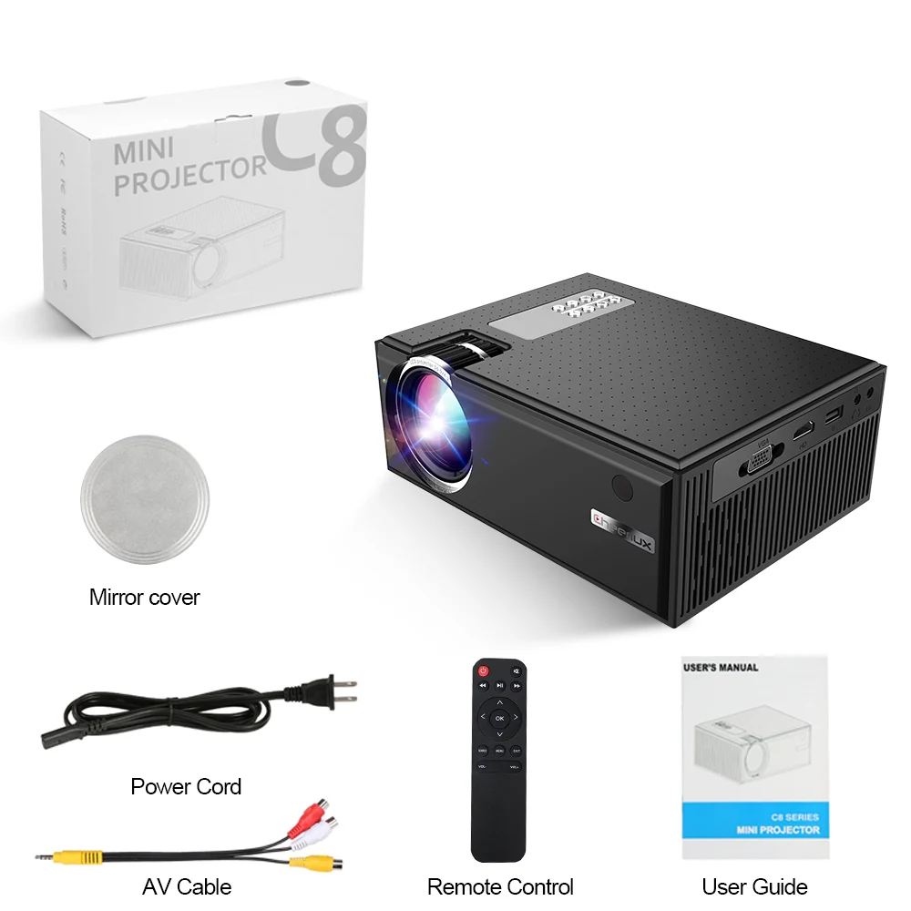 

CHEERLUX C8 WIFI Projector Full HD Portable Beamer for Home Theater Mini Projector, Black / white