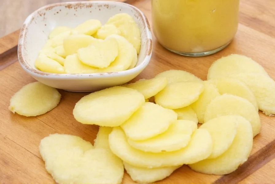 Ginger root pieces showing comparison between spoon-peeled ginger with minimal waste versus knife-peeled with significant flesh loss