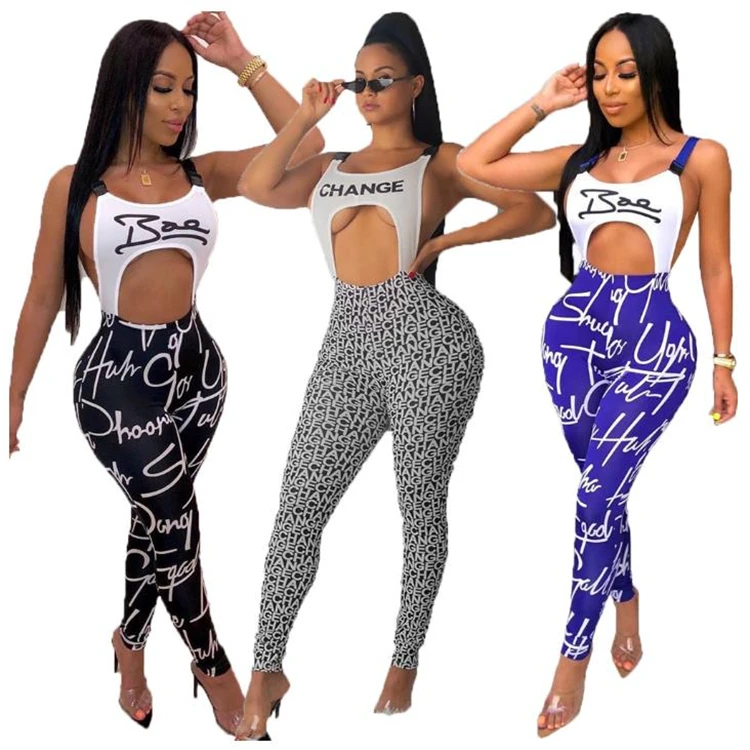 

C1236 ladies modern hollow out backless letter print bandage jumpsuit