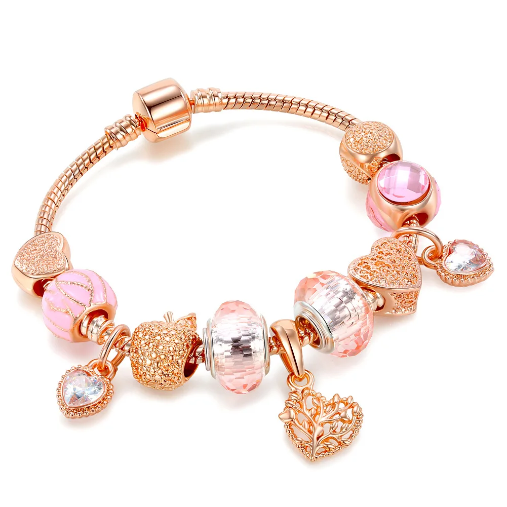 

Friendship Love Jewelry Rose Gold Plating Lampwork Glass Beads Charm Bracelet Crystal Heart Charm Bracelet For Best Friends