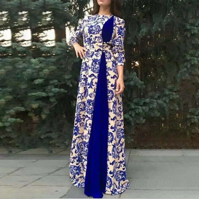 

Europe and the United States autumn and winter new blue and white porcelain printed muslim dress, Red,brown,black,bue