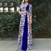 

Europe and the United States autumn and winter new blue and white porcelain printed muslim dress