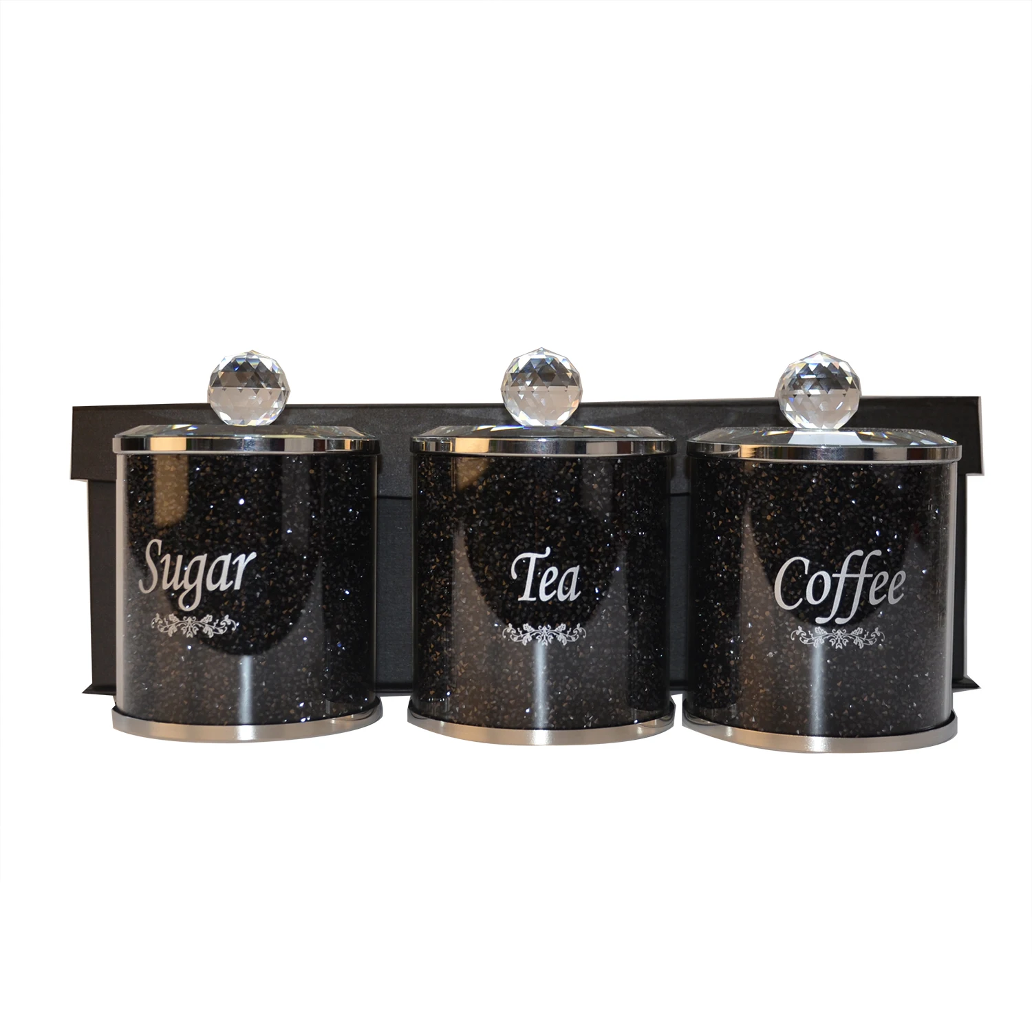 

Black Writing Kitchen Storage Silver Trimmings Black Crystal Filled Diamond Crushed Tea Coffee Sugar Canisters Jars