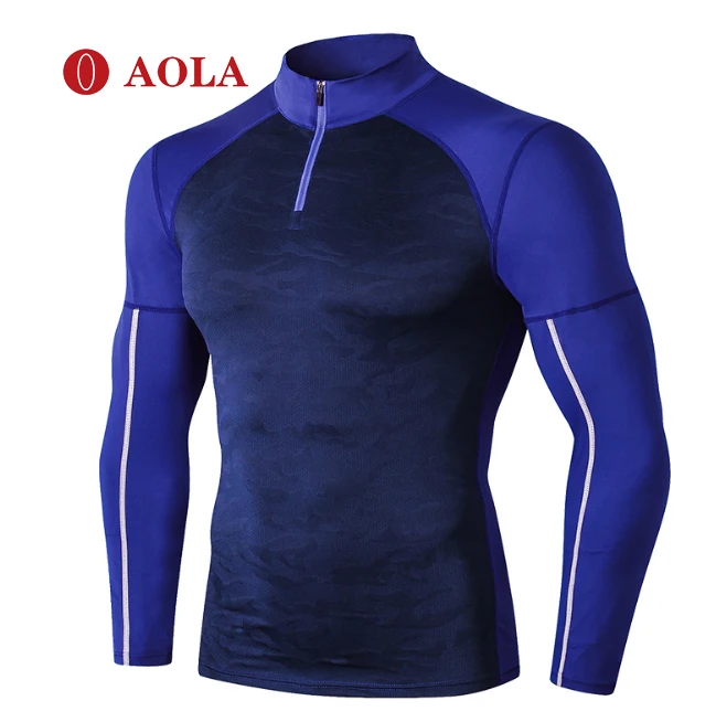 

AOLA Wholesale Fitness Apparel Manufacturers Solid Zipper Up Skinny Workout Men Compression Shirt Long Sleeve, Pictures shows