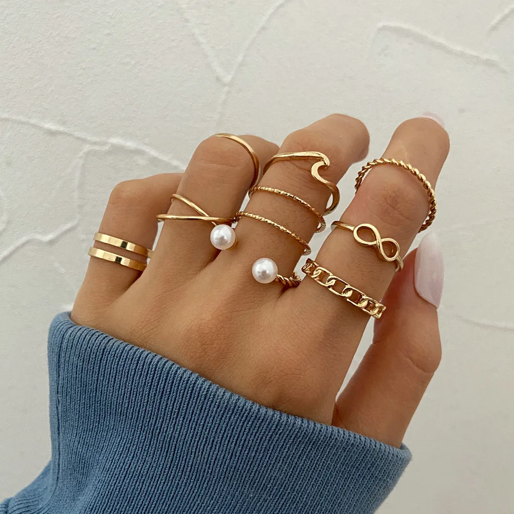 

2022 Trend Jewelry Finetoo Punk Simple Cross Finger Rings For Women Girls Pearl heart Twist Ring Set, Picture shows