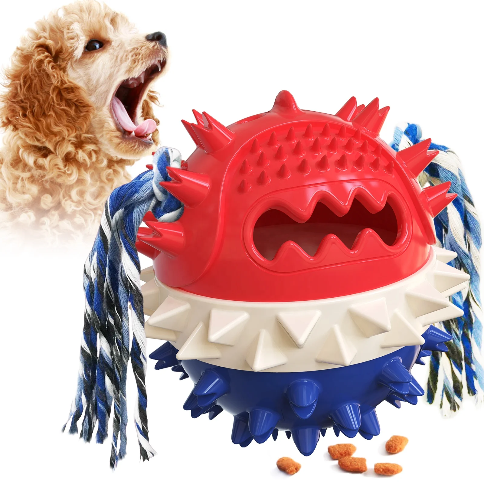 

Multifunction Interactive Double Teeth-Cleaning chew dog toys ball Self-Playing Food Dispensing Rubber Ball pet toys