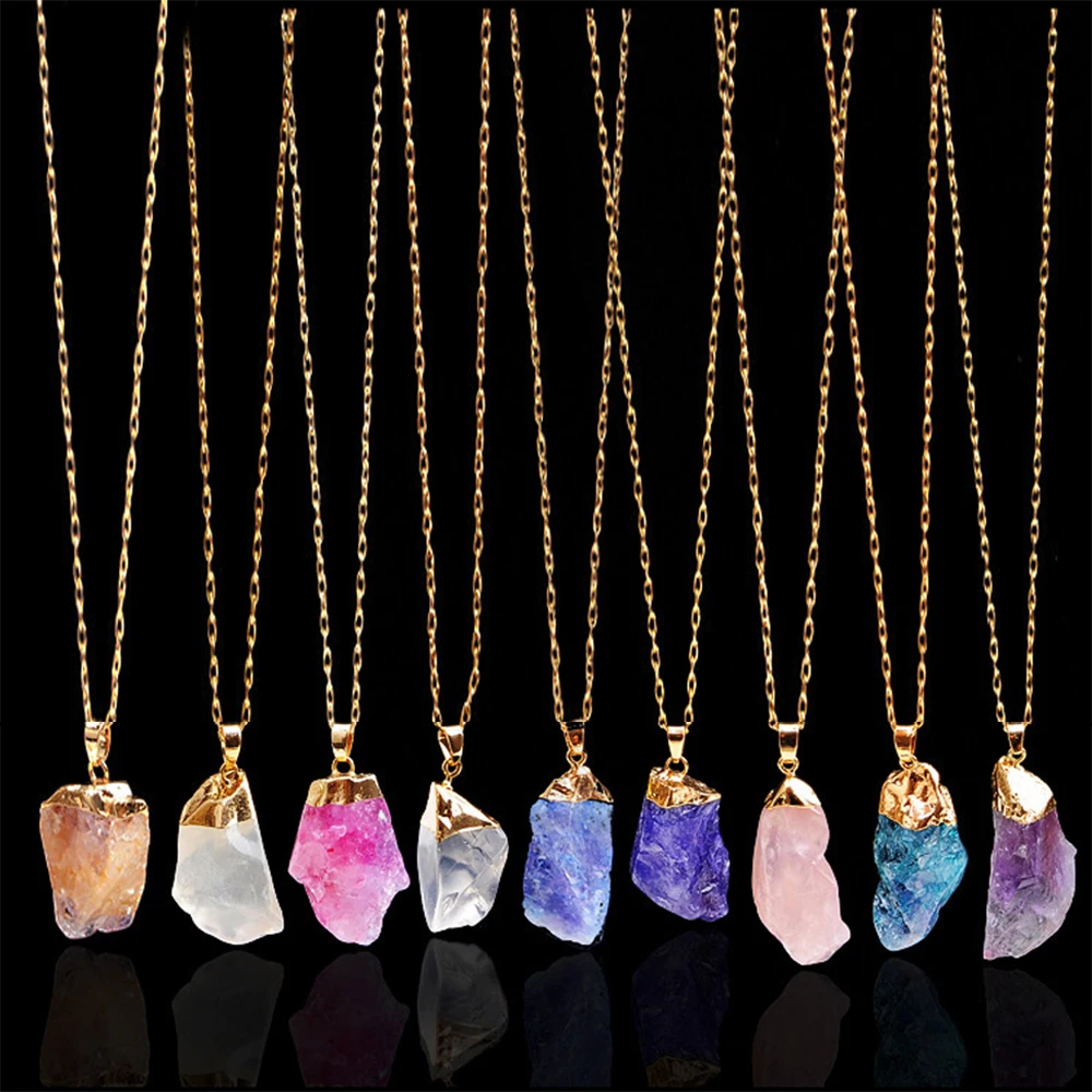 

Artilady Gold Irregular Chakra Crystal Rose Quartz Healing Natural Stone Pendant Necklace Jewelry Gift For Women, Picture shows