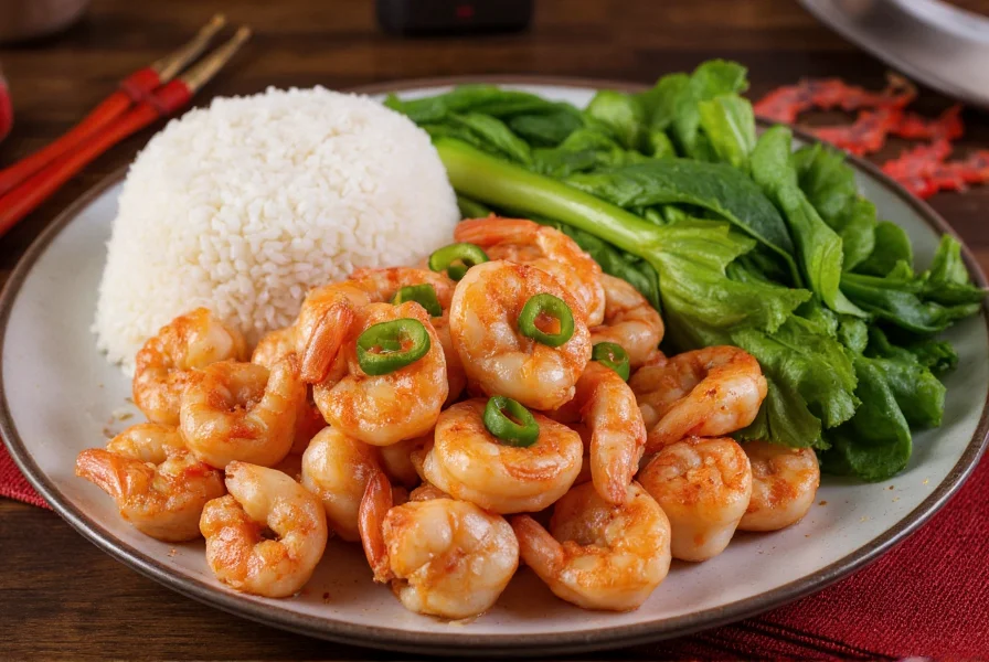 Salt pepper shrimp served alongside steamed rice and bok choy in traditional Chinese setting