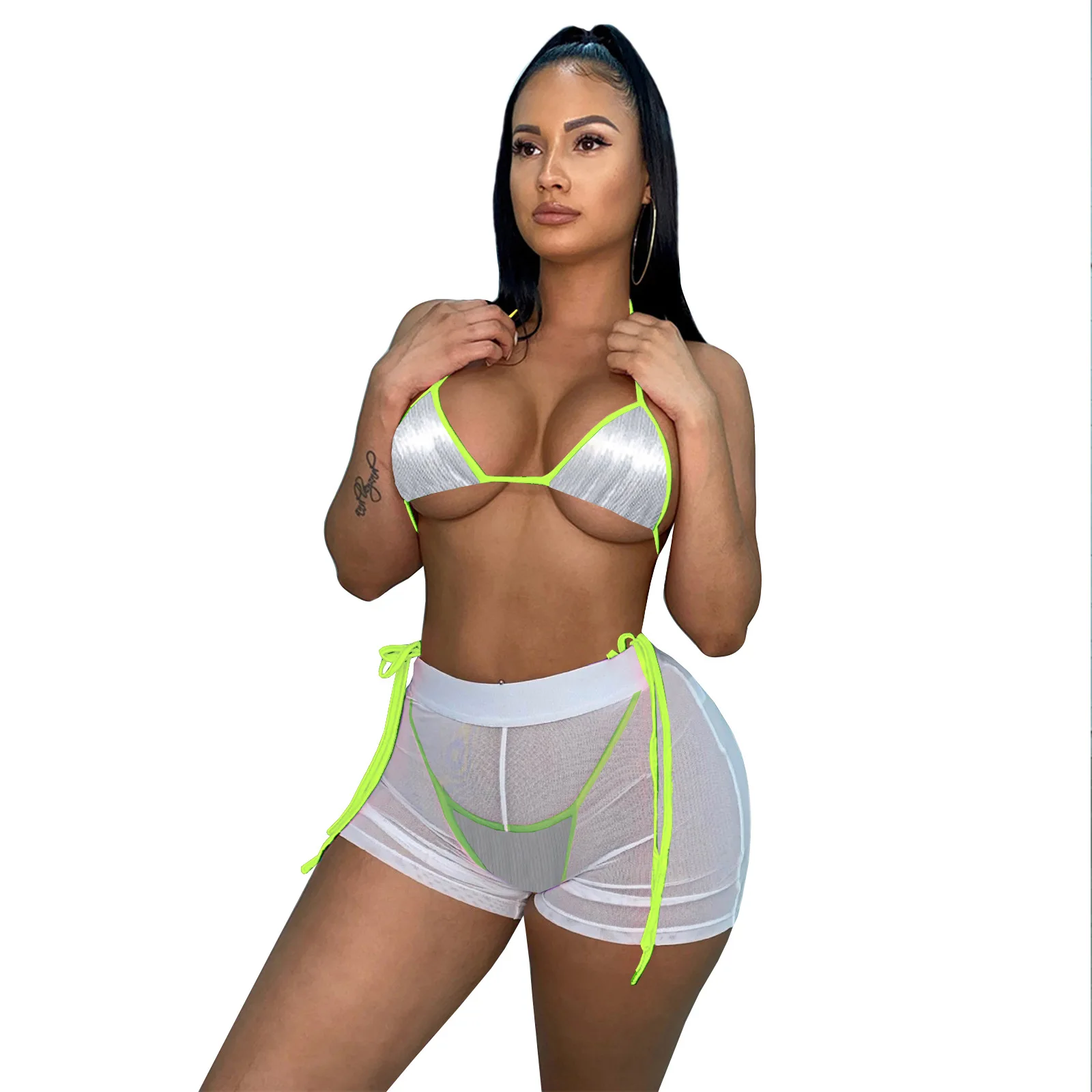 

2021 Custom 3 Pieces Bathing Suit Women Mesh Sexy Bikini Swimwear Sexy Mesh Diamond Bodycon Swimwear