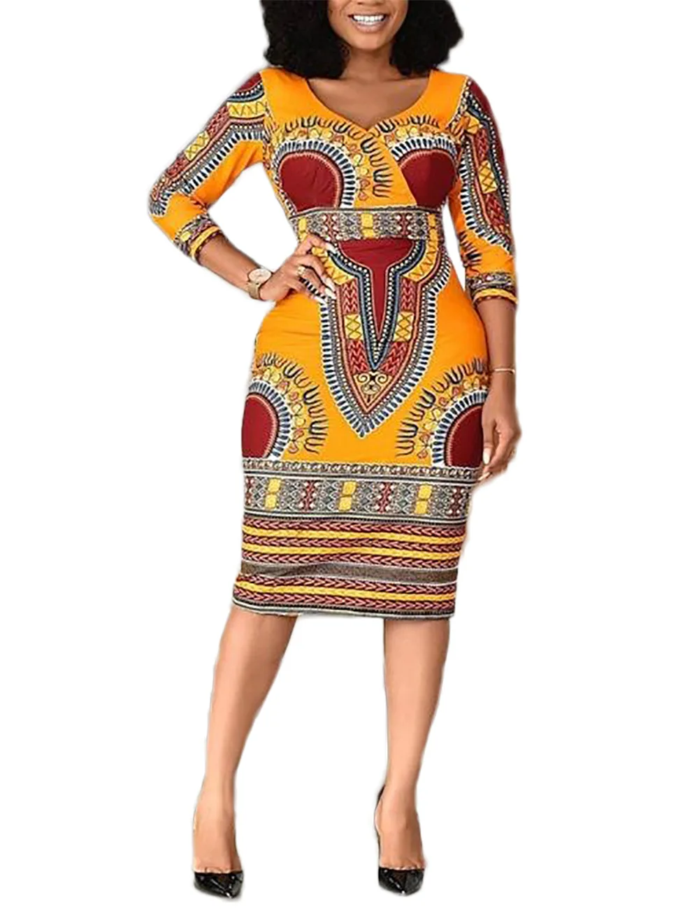 

Fashion Print Ladies Evening Party Wear Long Sleeves Slim Fit Short African Kitenge Designs Dress GAO, As photo showed