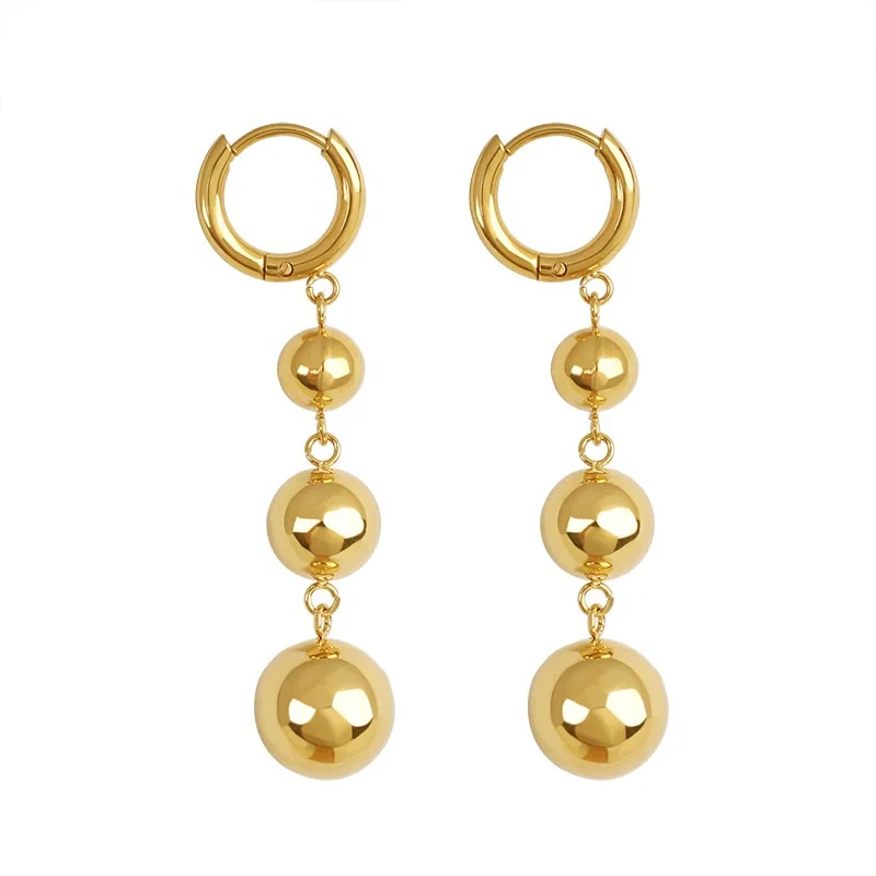 

Fashion Jewelry 18k Gold Plated Titanium Stainless Steel Long Small Big Three Round Ball Drop Dangle Hoop Earrings for Women