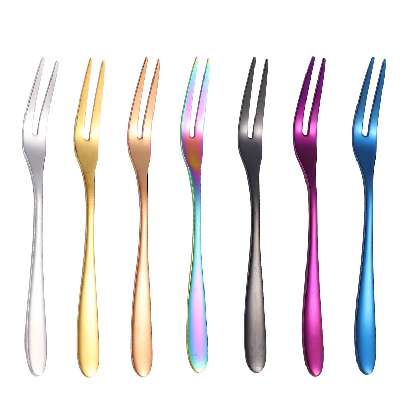 

SS304 Two-tine Titanium Plating Tea Fork Dessert Fork Fruit Fork, Silver/gold/rose gold/colorful/black/blue/purple