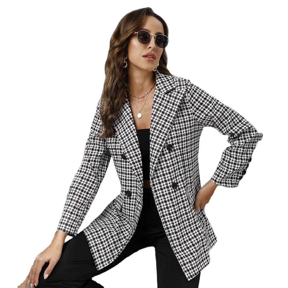 

Autumn Houndstooth Double Breasted Suits Fashion Office Business Coat Women Casual Blazer Jackets