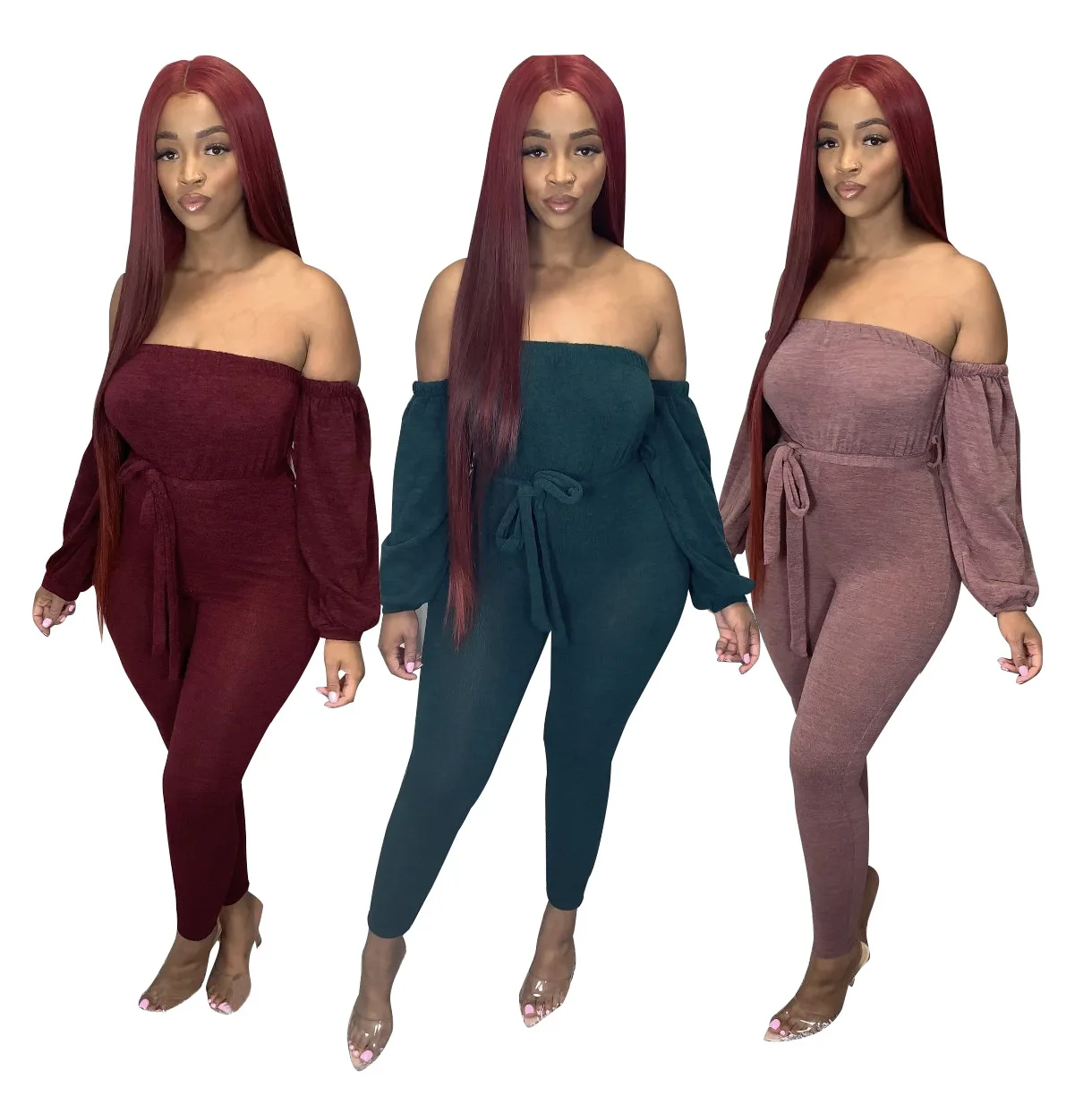 

2021 spring autumn Casual Loose Solid off the shoulder jumpsuit women 3xl long sleeve women Sexy Plus Size off shoulder jumpsuit, Red,blue cheap flare solid jumpsuit for women