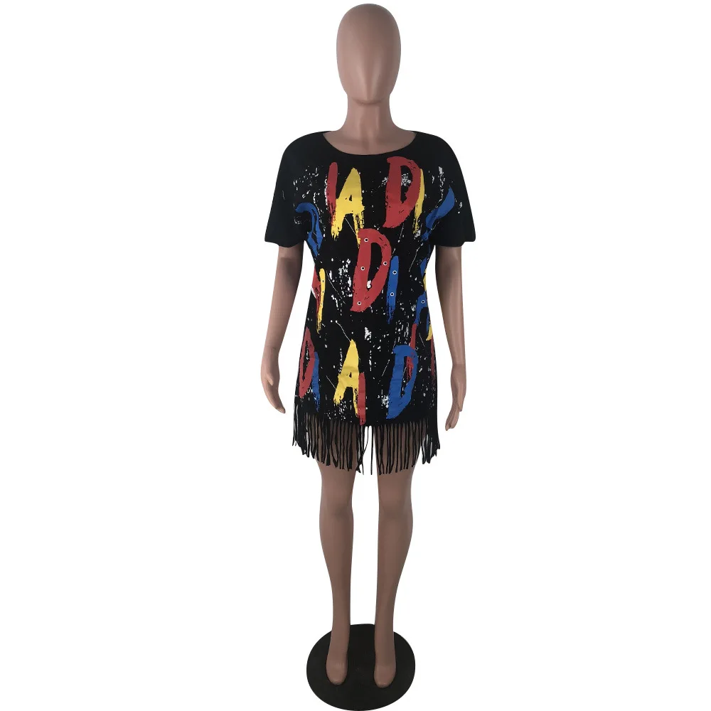 2019 Short Sleeve Printed Letter tassel straight Dress Women Fashion bodycon dress african kitenge dress designs