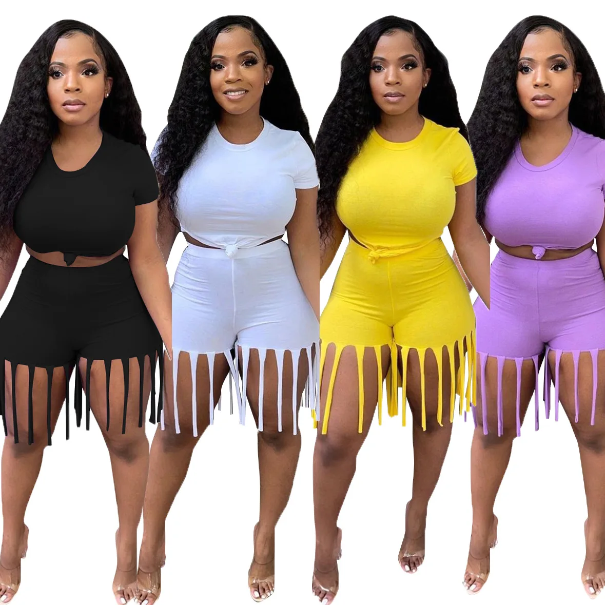 

2021 Summer Solid Short Tracksuit Women Jogger Casual O Neck T Shirts Crop Top + Tassel Biker Shorts Slim Two Piece Set Outfits, Black, white , yellow, purple, blue , orange