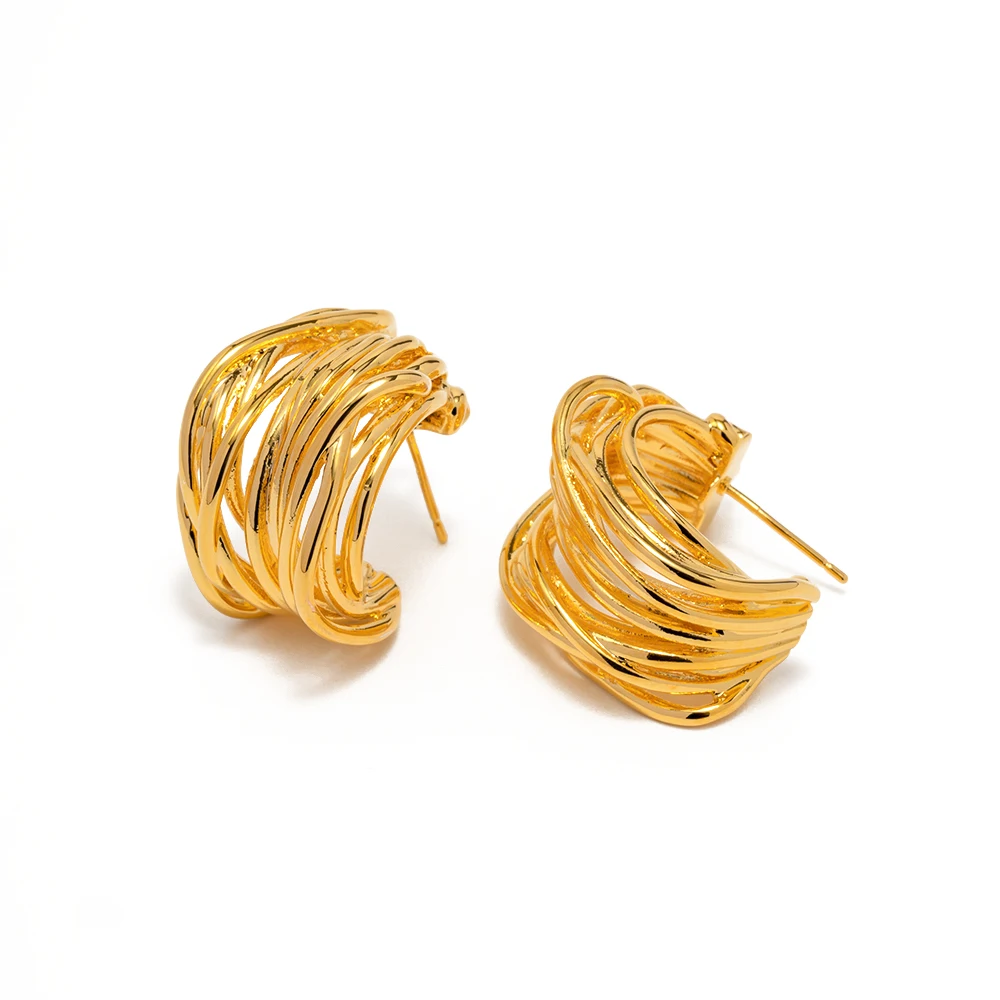 

Vintage Jewelry 18K Gold Plated Brass Irregular Wide Geometric Lines Triple Hoop Earring for Girls