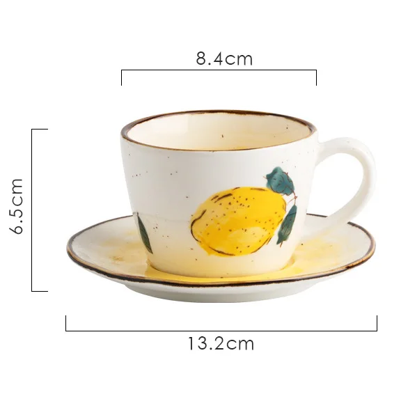 

Japanese style Retro Coffee Cup Ceramic Single Ear Ceramic Mug Lemon Tea Cup and Saucer, Lemon, blueberry, radish, rose