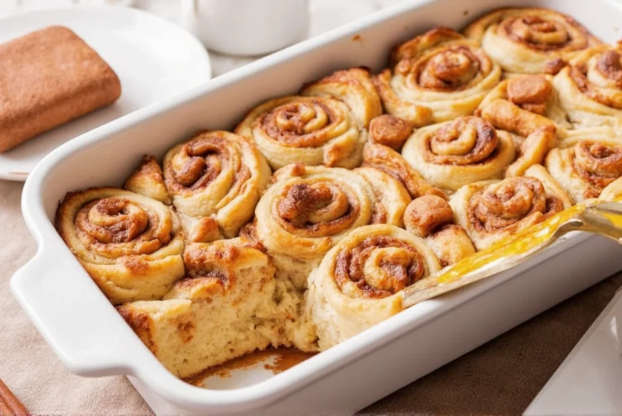 Cinnamon bun casserole served with fresh berries and powdered sugar on white plate