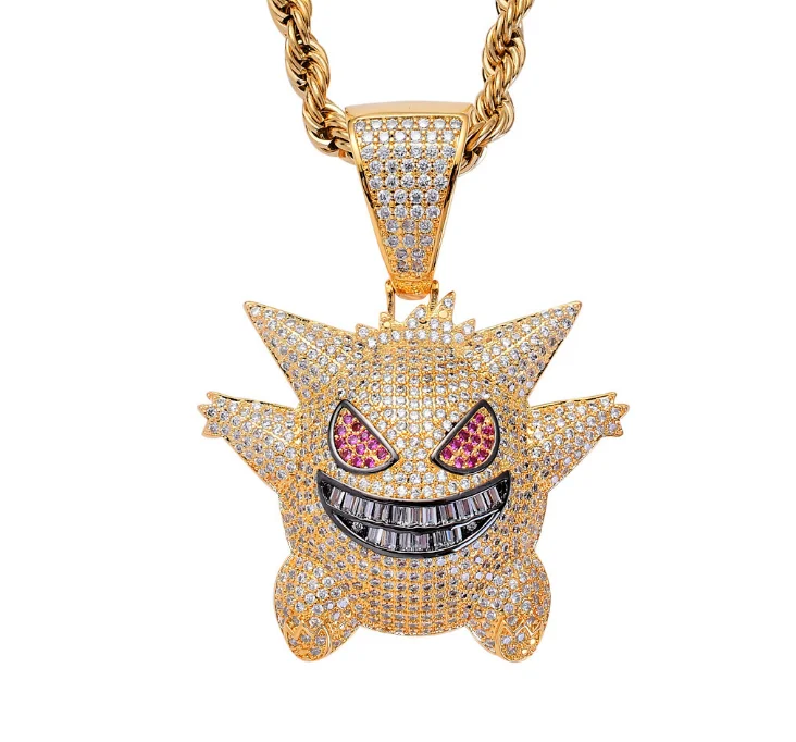 Cute Pet Elf Pokemon Go Charm Micro Pave CZ Stone Gold Gengar Pendant Statement Necklace Hip Hop Jewelry