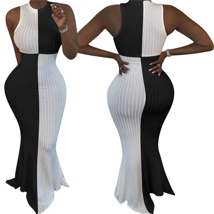 

TKOP1571 Hot sale fashion women prom cocktail ribbed patchwork bodycon dress sleeveless long evening dresses