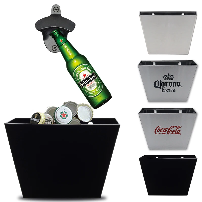 

C433 1PC Wall Mounted Bar Beer Bottle Opener with Screws Cap Catcher Box Stainless Steel Glass Bottle Cap Opener