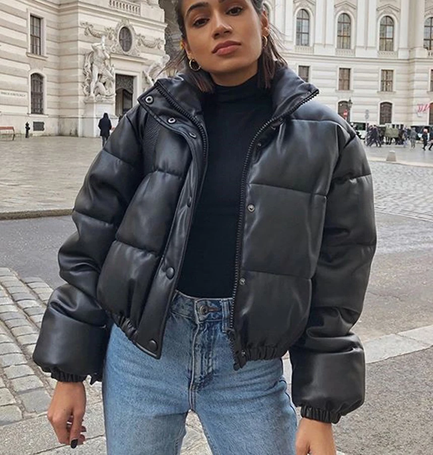 

Black Thick PU jacket winter feather Waterproof outdoor crop tops bubble Quilted down leather jacket coats puffer