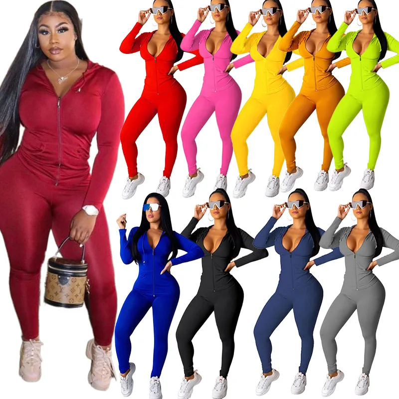 

Custom Logo 2021 women bodycon solid hoodie long sleeve jacket and long legging sweatsuit two pieces outfits jogger set, Multiple