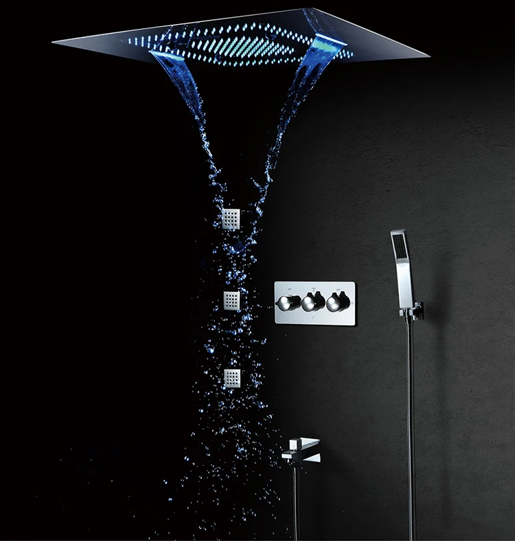 Ceiling Mounted 600*800mm LED Shower Head Rainfall Waterfall Hot and Cold Bathroom Shower Faucet