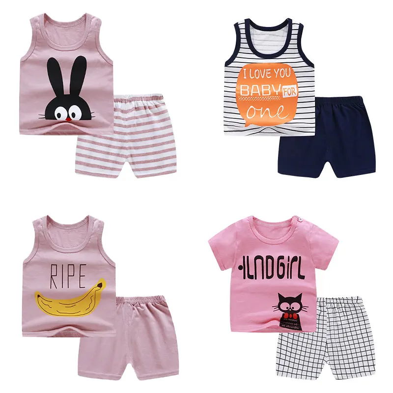 

Amazon Hot Selling 2Pcs Newborn Baby Clothes Set Short Sleeve Summer Baby Clothing Sets Cotton Knit Baby Outfit, Mix color