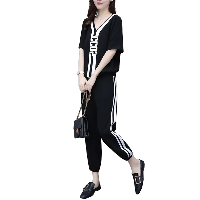 2019 summer new design wholesale clothing casual fashion loose short sleeve v neck top and long pant latest ladies two piece set