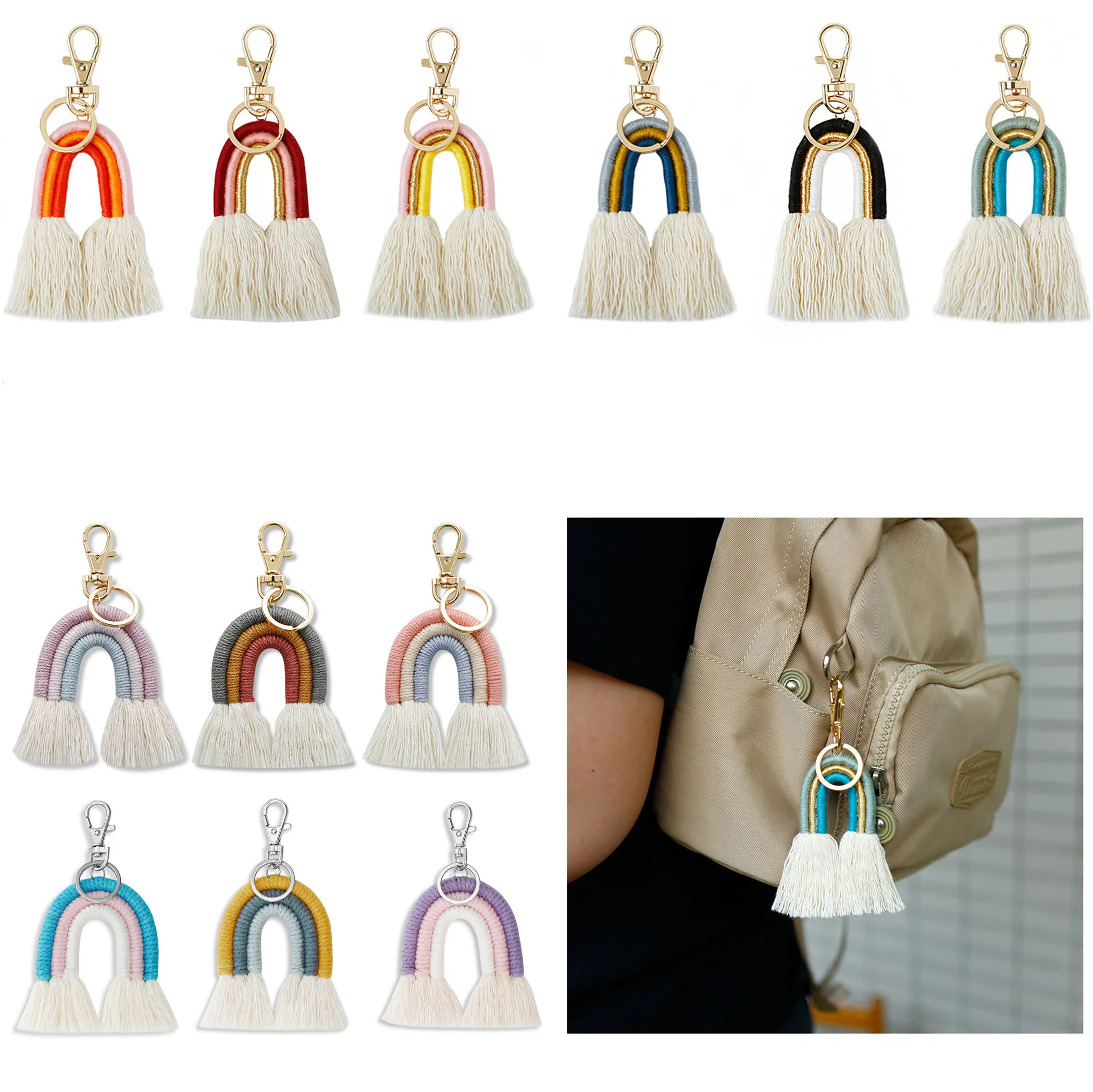 

Car Keyring Holder Jewelry Macrame Weaving Rainbow Tassel Keychains for Bag Wallet Purse Women