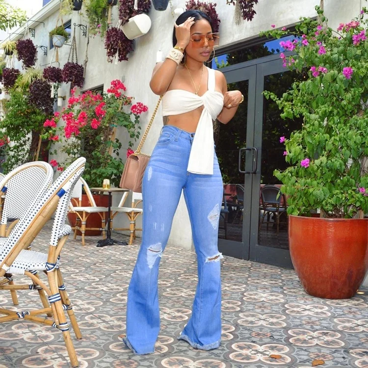 

Vintage Elastic High Waist Denim Flare Ripped Jeans For Women, Blue