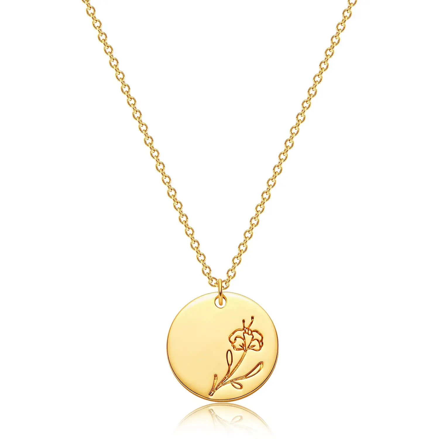 

Minimalist Delicate Custom Mom Daughter Gift Coin Dainty Simple Month Disc Pendant Engrave Gold Birth Flower Necklace//, Picture shows