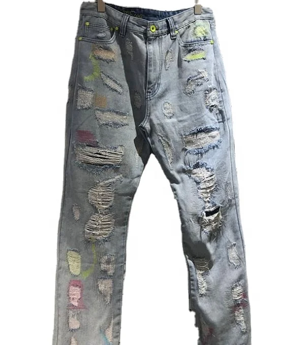

Hole Jean Men High Quality Button Zipper Denim Pants Letter 3D Printing Jean, Fuchsia/dark gray