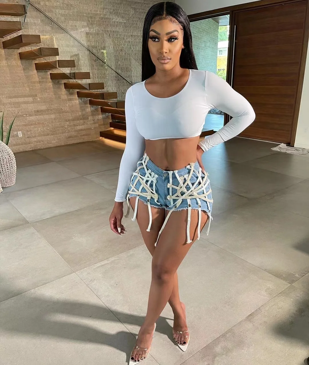 

Summer 2021 Women Sexy Cut-Out Button Denim Shorts Ripped Hollowed-Out Jeans, Customized color