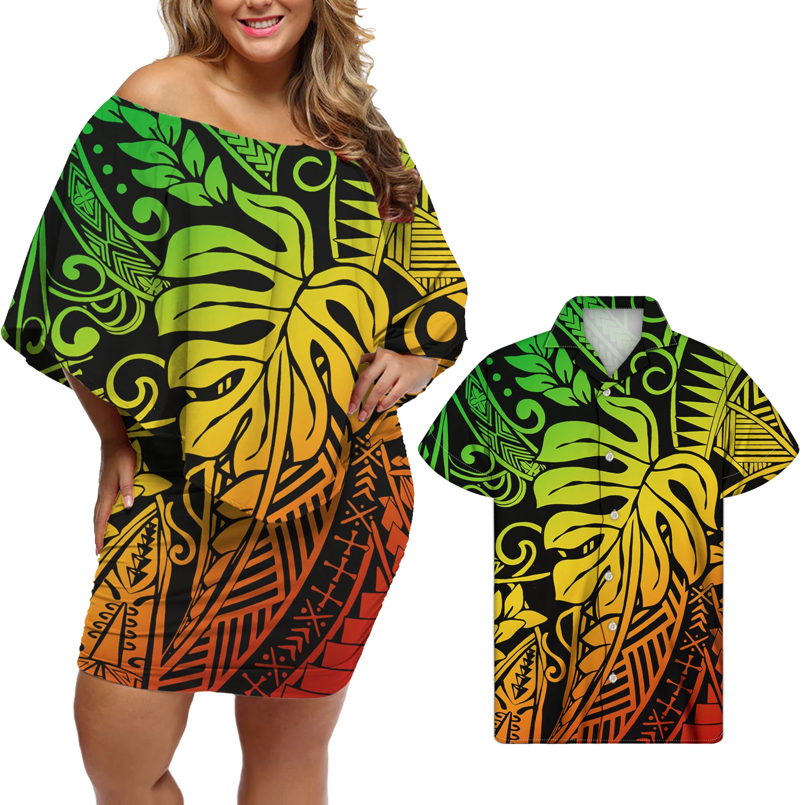 

Colorful Monstera Design Custom Summer Dresses Polynesian Tribal Print Ruffle Floral Dresses Women Plus Size Sexy Dress, Customized color