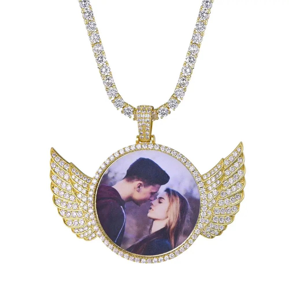 

Elva jewelry 2020 hip hop angle wing pendant custom photo necklace, Gold silver and rose gold