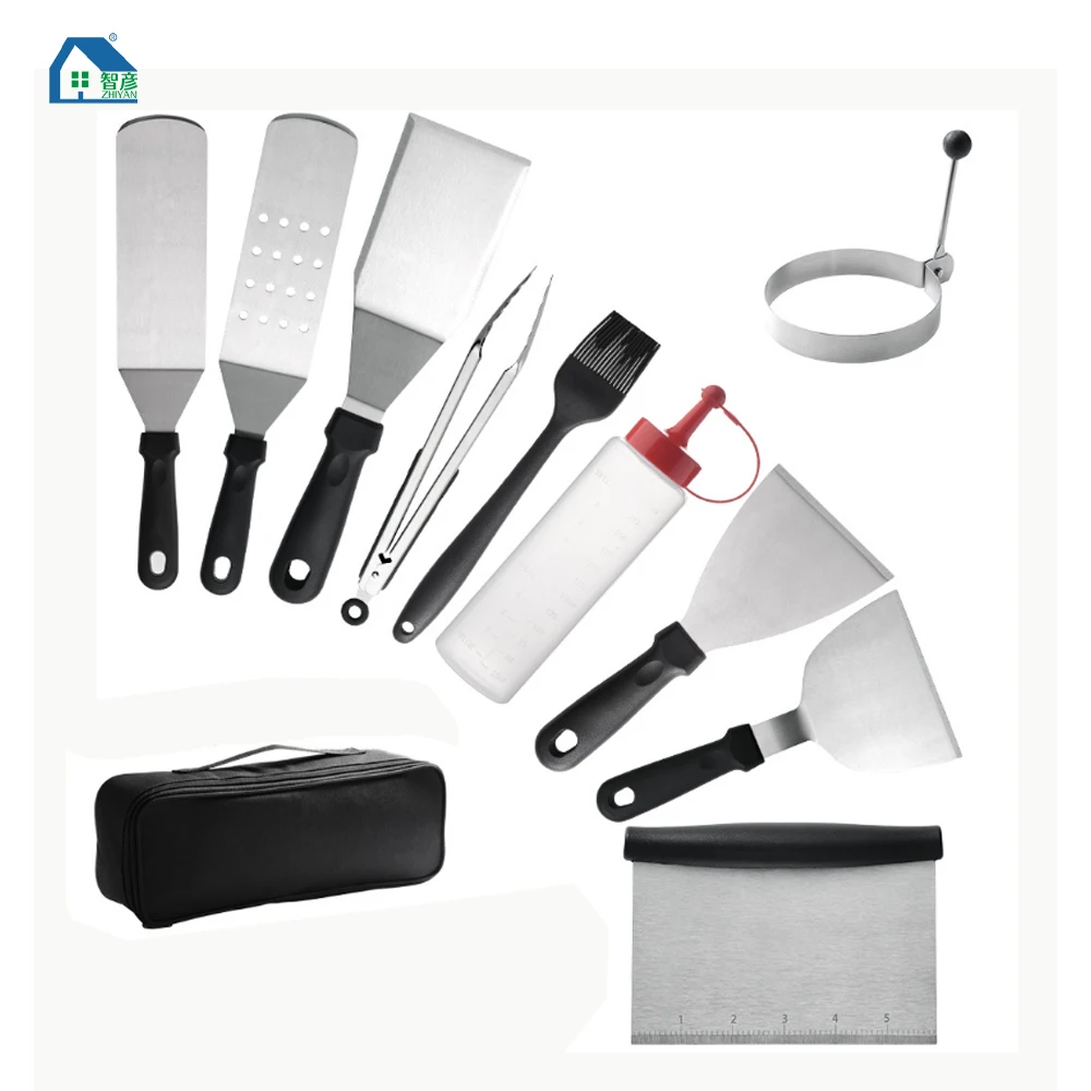 

High Quality Stainless Steel Barbecue Tools Set 10 Pieces Outdoor BBQ Grill Utensils Set Frying Spatula Tong Silicone Oil Brush, Black