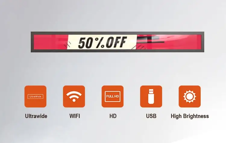 led digital signage supermarket advertising ultra wide touch screen monitor electronic shelf solution display lcd stretched bar